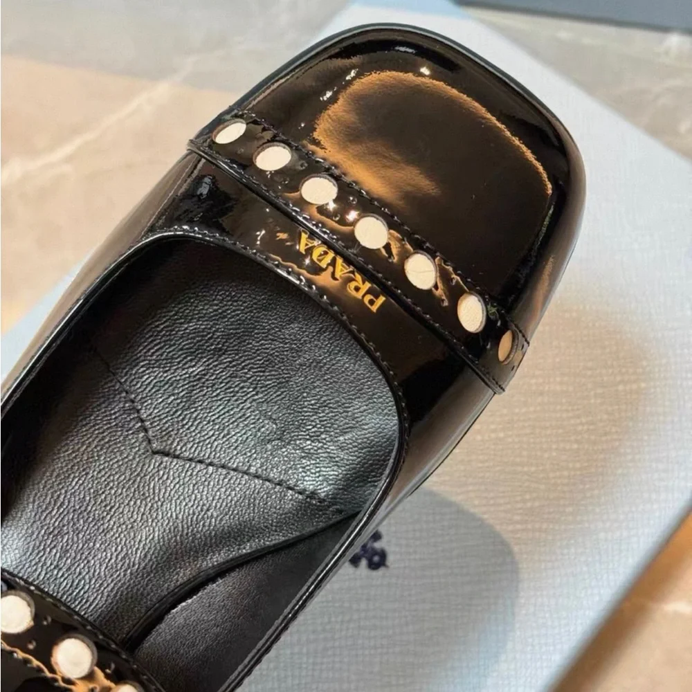 Prada Women's Black Patent Leather Flats with Studded Straps - Picture 3 of 7